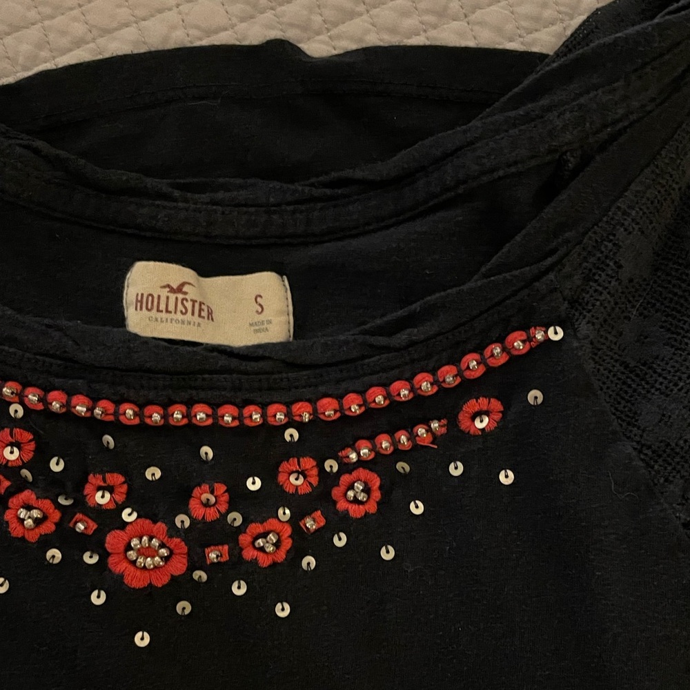 Hollister Embroidered Floral Navy Top